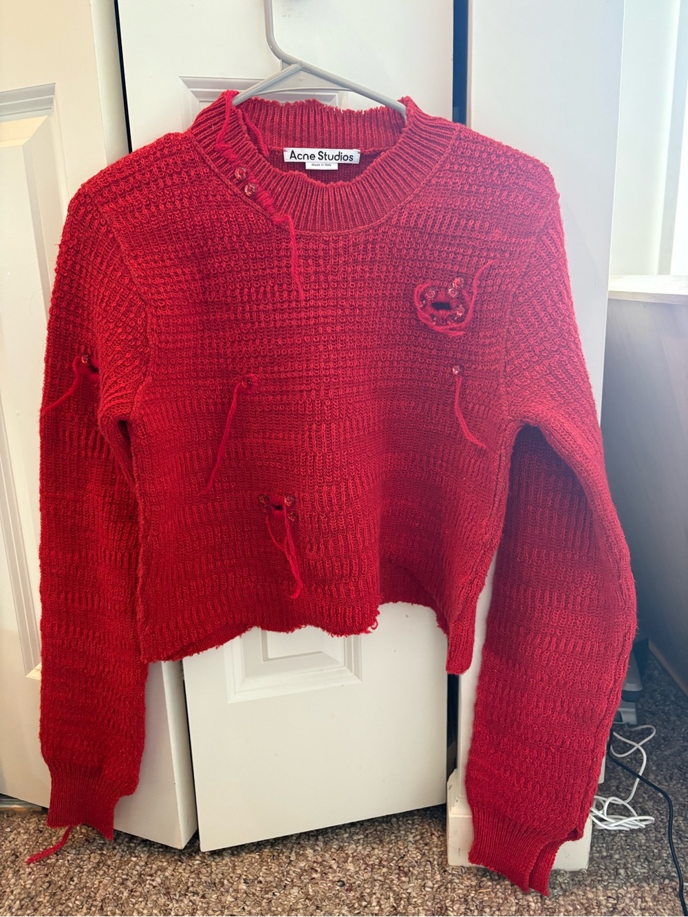 Acne Studios Red Distressed Crewneck Sweater
